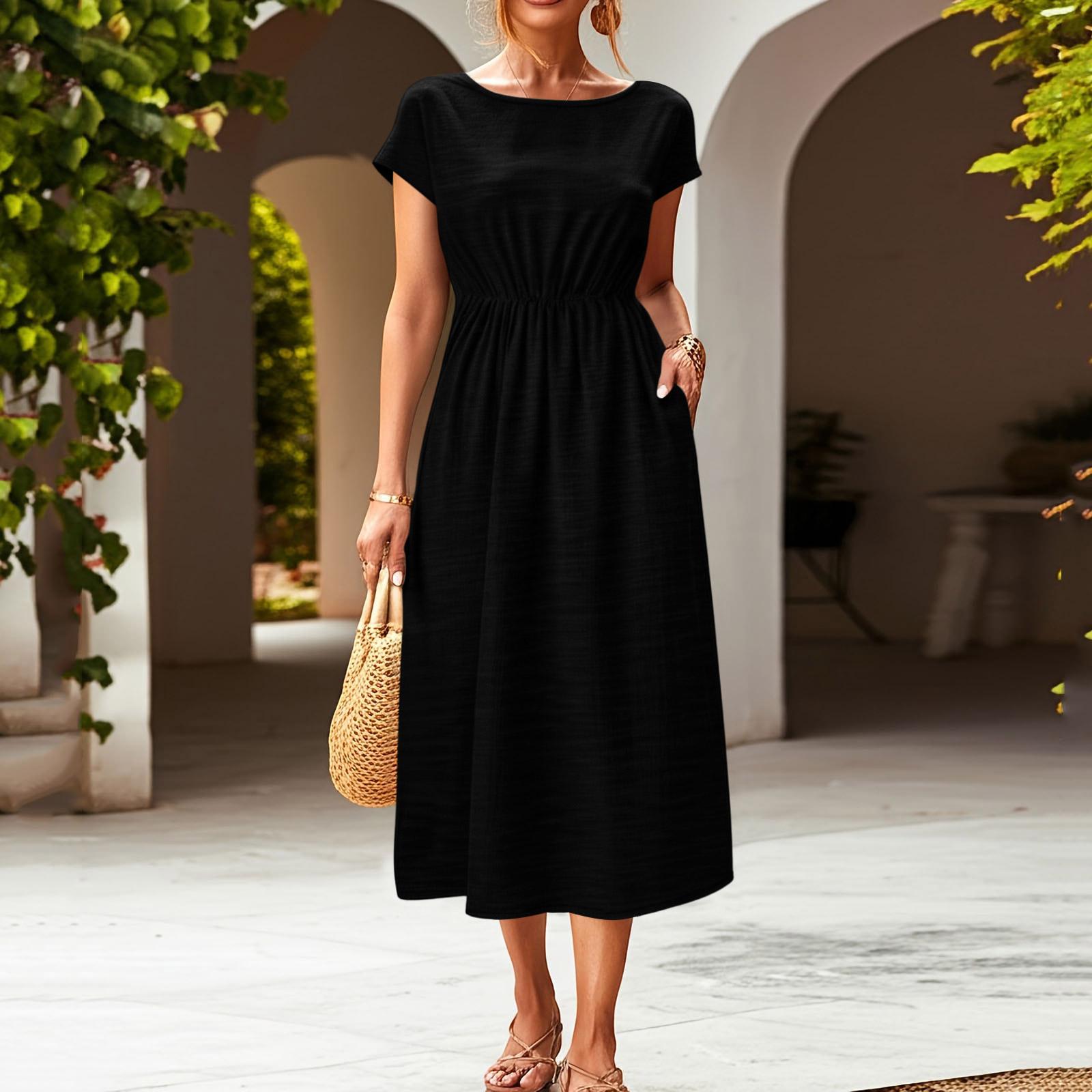 

Women s Casual Solid Color Short Sleeve Round Neck Pocket Waist Drawstring Loose Fit Midi Dress Comfortable Everyday Wear XXL чорний
