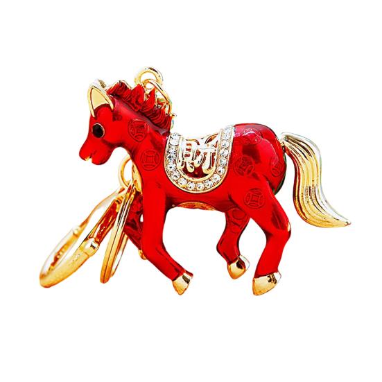Keychain Pendant Double-Sided Rhinestone Chinese Zodiac Fortune-Attracting Horse Key Chain Metal Handbag Charm