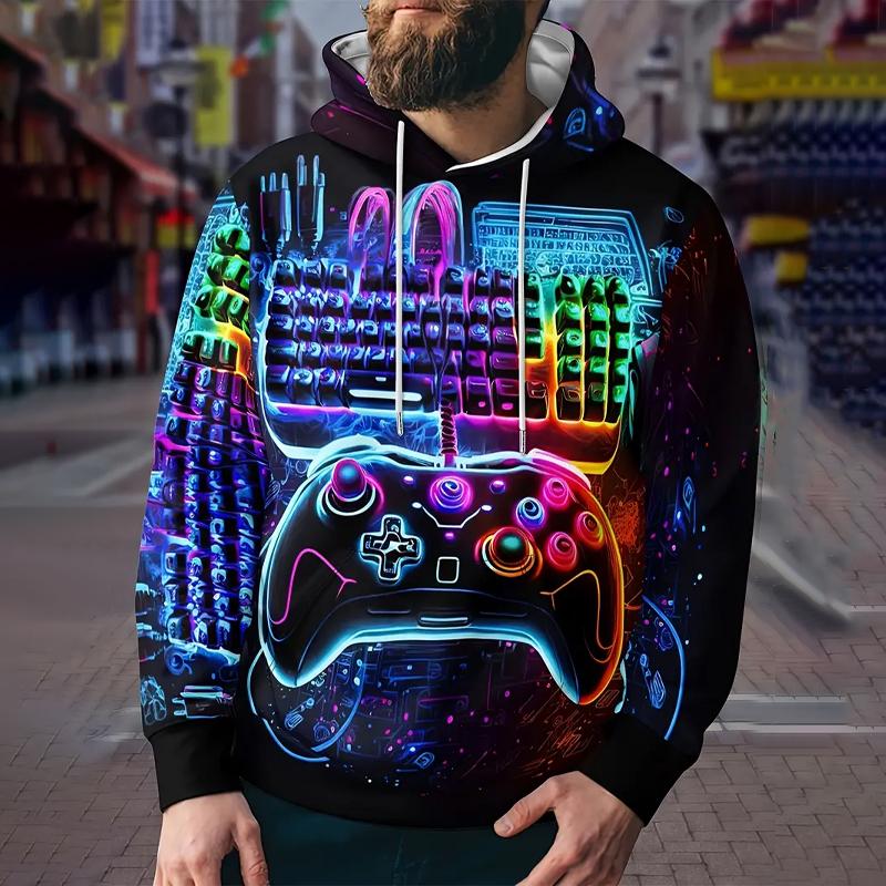 Gamepad Print Hoodies For Men Graphic Hoodie With Kangaroo Pocket Comfy Hooded Pullover Mens Clothing For Autumn Winter
