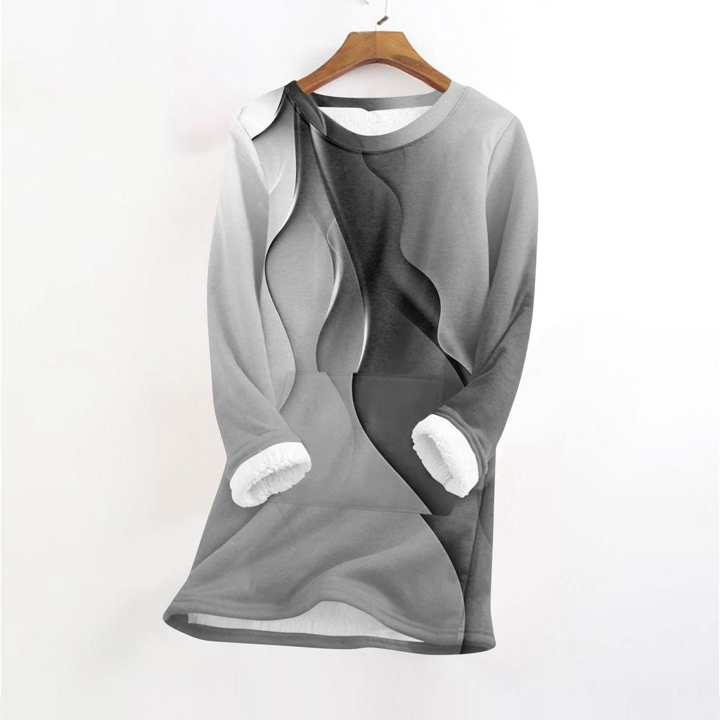 Women's Fashionable Printed Round Neck Long Sleeved Plush Warm Pullover Top