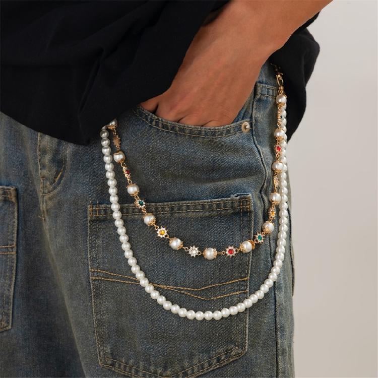 Double Layered Pearls Flower Pants Chain for Adult Unisex Trousers Chain Decorative Wallet Chain Stylish Waist Ornament
