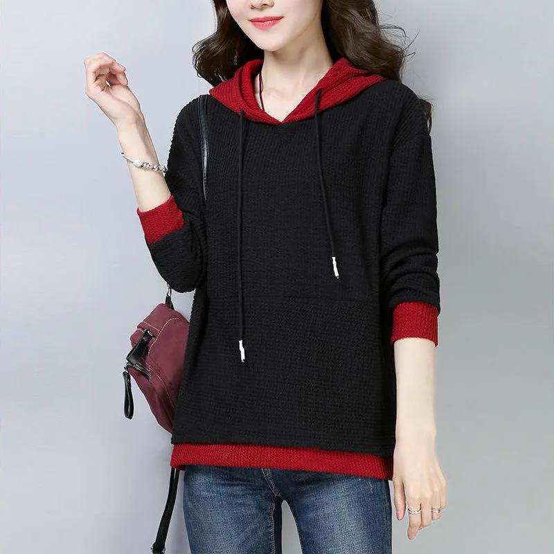 Spring  Women Sweater Pullover  Fashion Color Blocked Hooded Long Sleeved Knitted Sweater   Tops