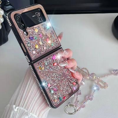 Dazzling Diamond Butterfly Cover For Samsung Galaxy Z Flip 5 Wrist Strap Case For Samsung Z Flip5 Zflip4 Flip3 Plating Cases