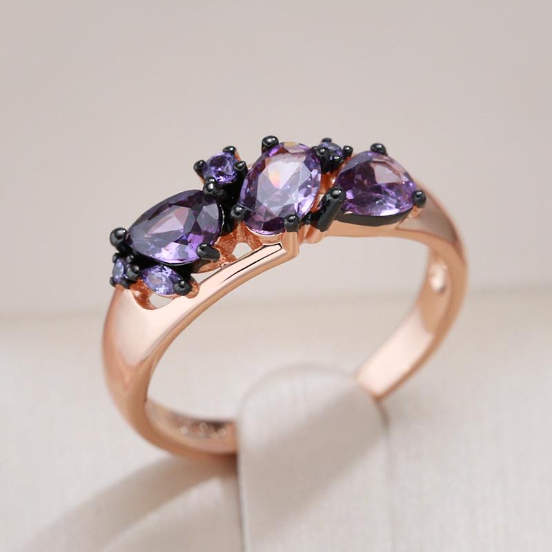 Luxury Purple Natural Zircon Ring For Women  Rose Gold And Black Plating Vintage Wedding Party Daily Fine Jewelry