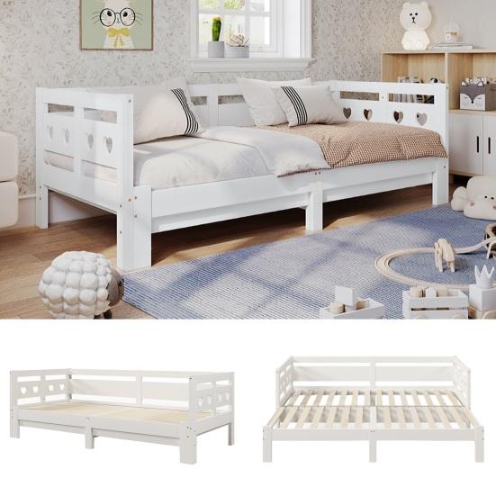 Daybed, Pull-Out Bed, 90 x 200cm, Solid Pine, with Second Sleeping Space And Roll-Up Slatted Frame, Heart-Shaped Bed,