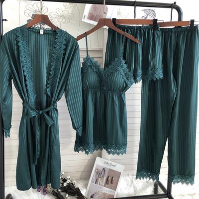 Set de pijamale 4 bucăți de primăvară pentru femei, cămașă de noapte din dantelă, pantaloni scurți cardigan