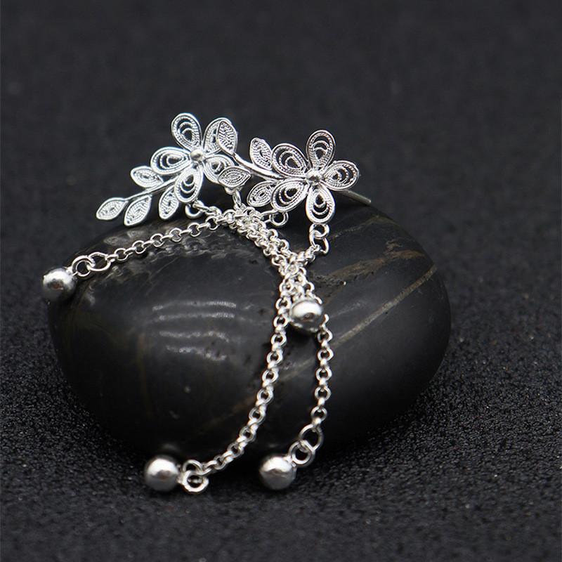 White Gold Exquisite Flower And Leaf Tassel Earrings With Cz Stone Embellishment