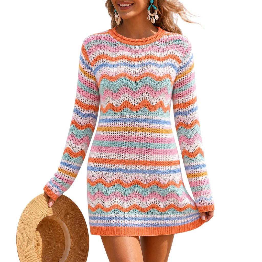 Damen Ringel Strick Pullover Pullover, Rundhals Mittellange Tunika für Herbst Winter Freizeitkleidung