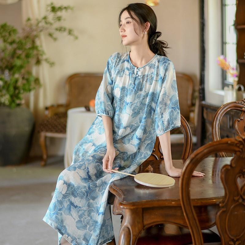 Johnature Women Vintage Print Floral Summer Dresses O-Neck Half Sleeve Robes Soft Chinese Style Button Dress