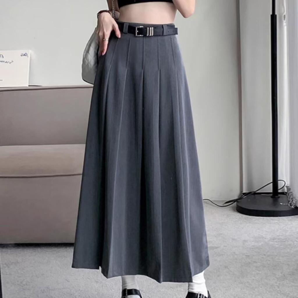 Women's Plus Size Academic Style Pleated Woolen Skirt - High Waist Slimming, Anti-Exposure Design