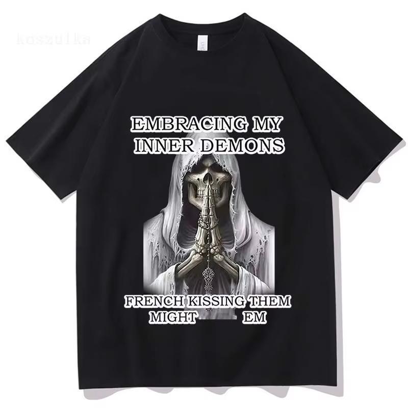 

Embracing My Inner Demons French Kissing Them Might Em Funny Skeleton Meme T Shirt 2026 Men Women Cotton High Quality T-shirt 5XL різнокольоровий