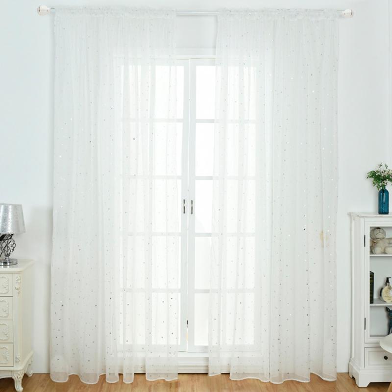 Silver Pressed Star Embroidered Curtain with Rod Light Transmission Tulle Curtains for Living Room Bedroom Kitchen Kids Baby Room Door Window 1PC