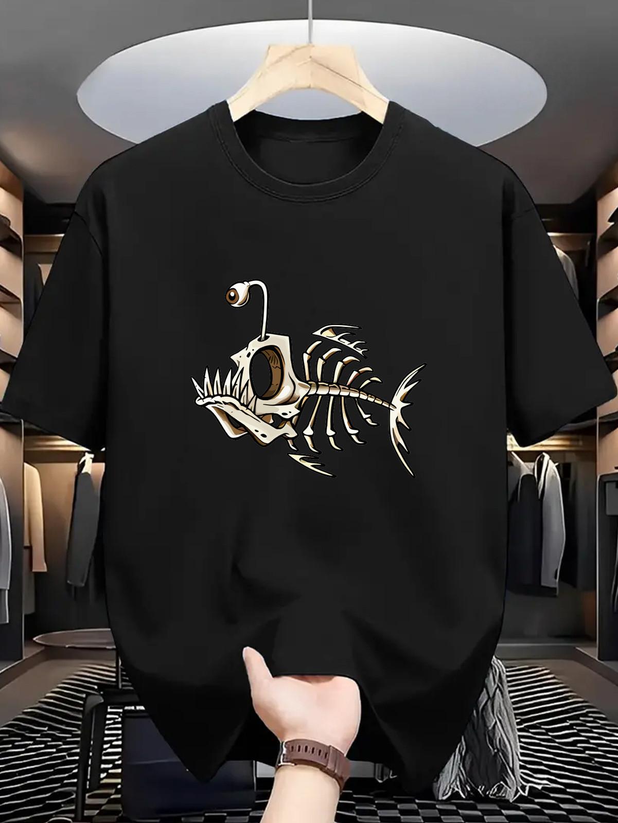 Men s Short Sleeve T-Shirt with Fish Skeleton Print, Men s Round Neck Casual Tee S