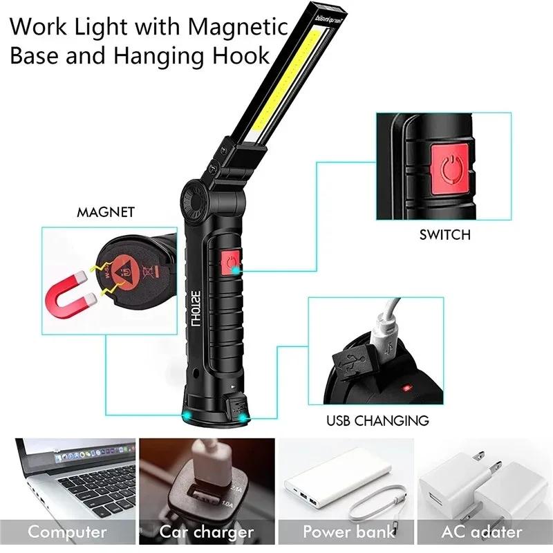 LED Flashlight Rechargeable Camping Work Light IP64 Waterproof with Magnet Hook 5 Lighting Modes Suitable for Night Work