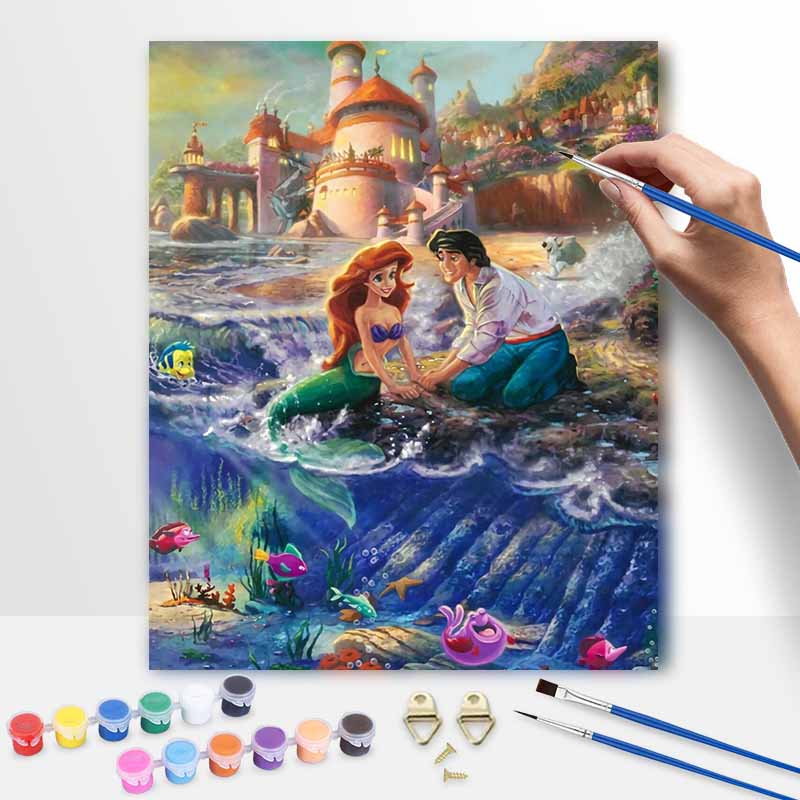 Disney Ariel Oil Painting Art Set Home Wall Decor Handmade Gift under sea magical Ariel and Eric castle scene