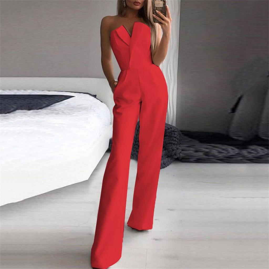 Sommer-Strampler für Damen, sexy, trägerlos, einfarbig, hohe Taille, ärmellos, gerader Overall mit weitem Bein und Taschen