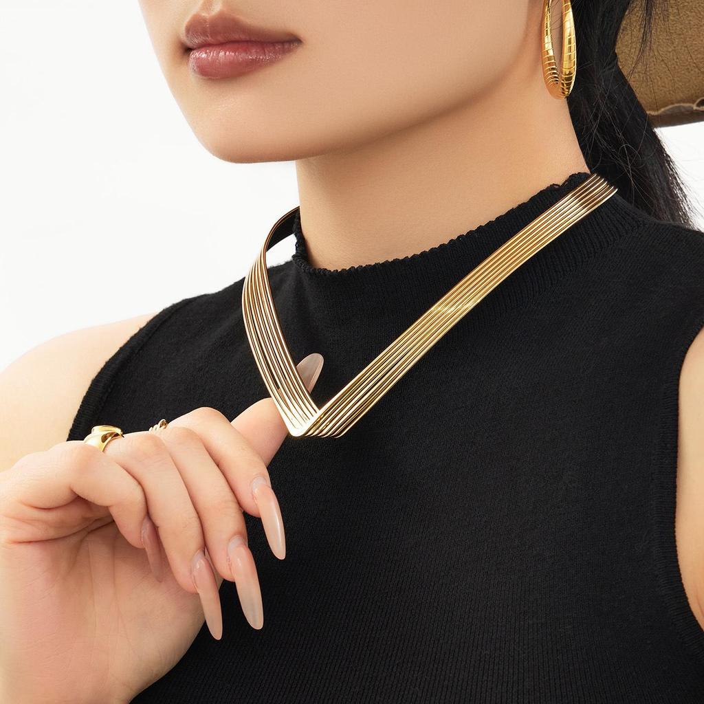 European & American 7-Layer V-Shape Choker Necklace, Punk Style Fashion, 18K Gold-Plated Stainless Steel.
