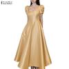 ZANZEA Women Elegant Square Collar Casual Short Sleeve A-Line Long Dress