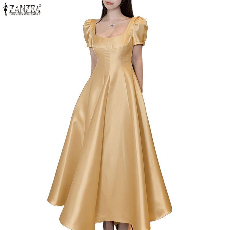 ZANZEA Women Elegant Square Collar Casual Short Sleeve A-Line Long Dress