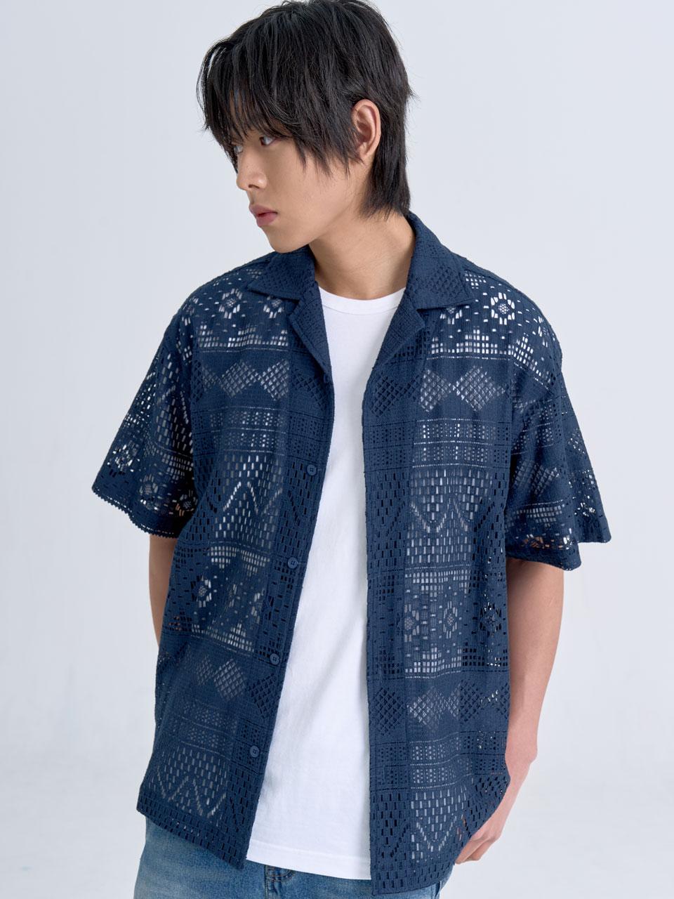 Inexis Ethnic Lace Half Shirt (Navy) Free