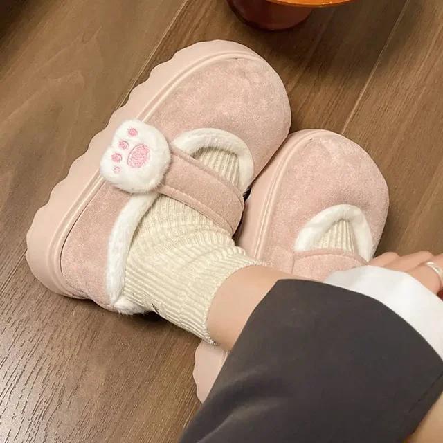 Fashion Women's Cute Cat Claw Cotton Shoes Winter New Collection with Velvet Warm Cotton Shoes Fashion Thick Bottom Velcro Cotton Shoes