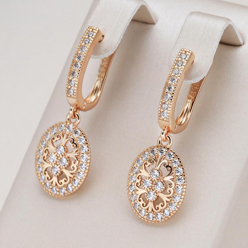 New  Rose Gold Long Drop Earrings For Women Hollow Flowers Natural Zircon Earrings Luxury Ethnic Bridal Wedding Jewelry