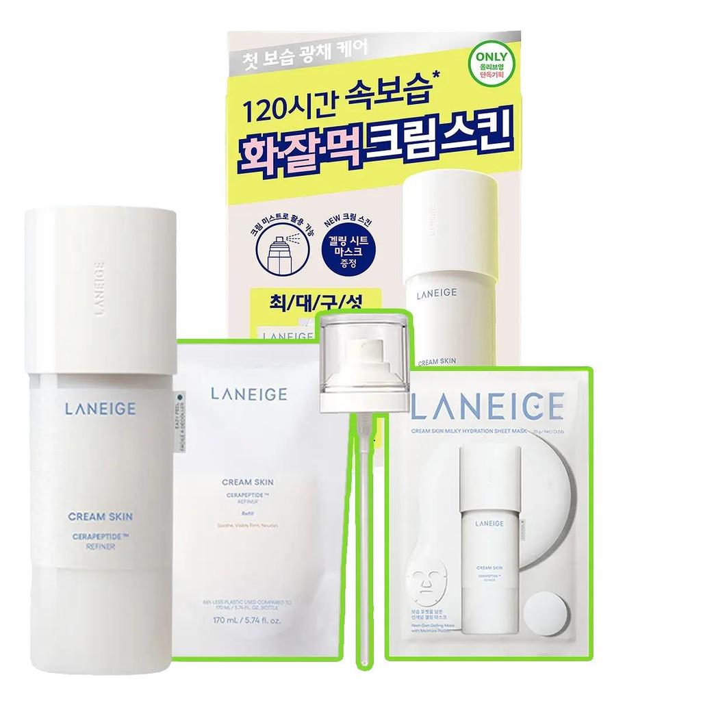 LANEIGE Cream Skin Refiner Hydrating Toner & Moisturizer 170ml Refill Set (+Refill 170ml + Gelling Sheet Mask + Mist Pump)