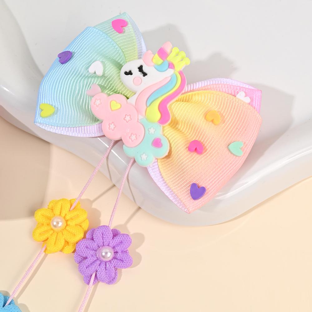 2Pcs Cartoon Unicorn Hair Clips For Girls Children Rainbow Color Bow Hairpins Heart Silicone Accessories Flower Pendant Headwear