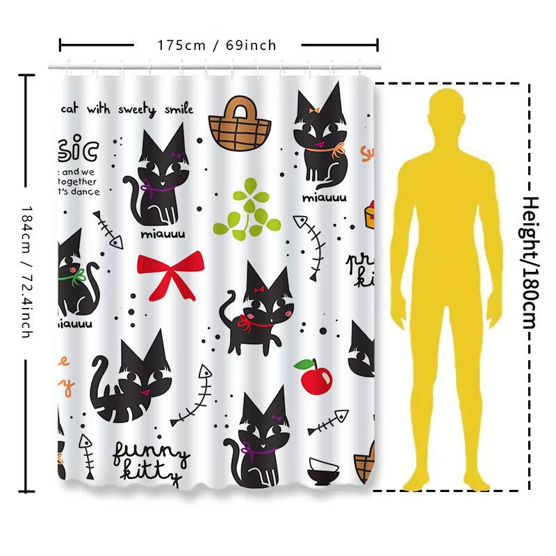 Kawaii Cats Shower CurtainBlack Cat Print for Bathroom Decor Pretty Kitty Fun Design Music and Fruit Love Quotes White Backgroun