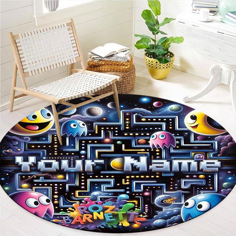 Pac-Man Custom Name Round Area Rug,Carpet Rug for Living Room Bedroom Sofa Playroom Decor,Non-slip Floor Mat