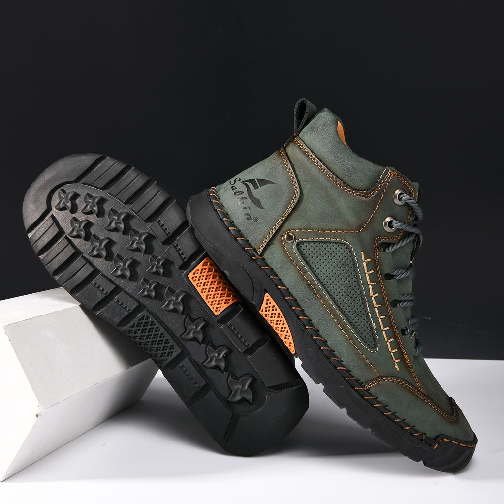New Handmade Casual Leather Shoes Men Ankle Boots Outdoor Shoes Sneakers Spring Retro Breathable Lace Up Non-Slip Walking Shoes