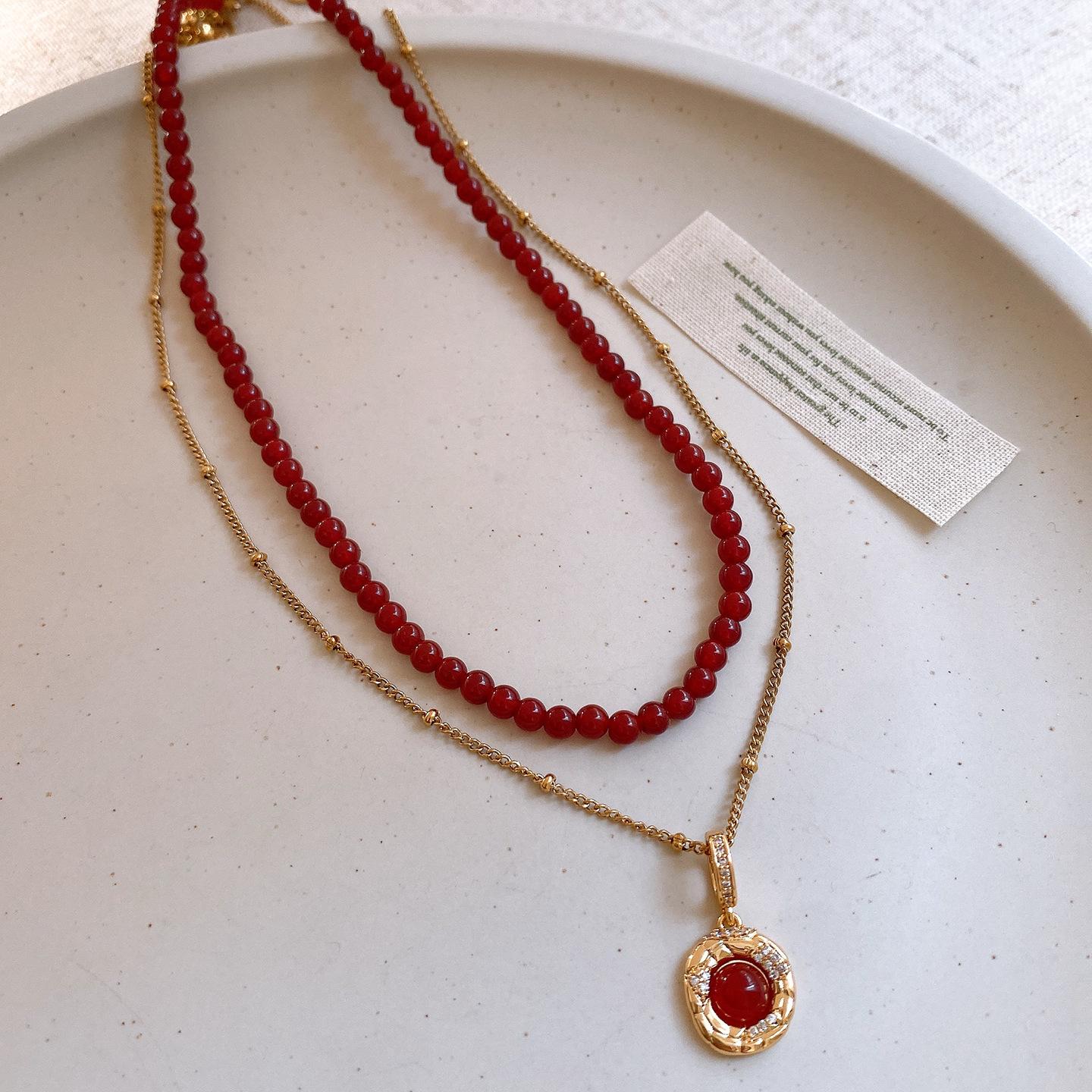 

18K real gold electroplated agate beaded tiger s eye stone necklace Maillard retro collarbone chain necklace