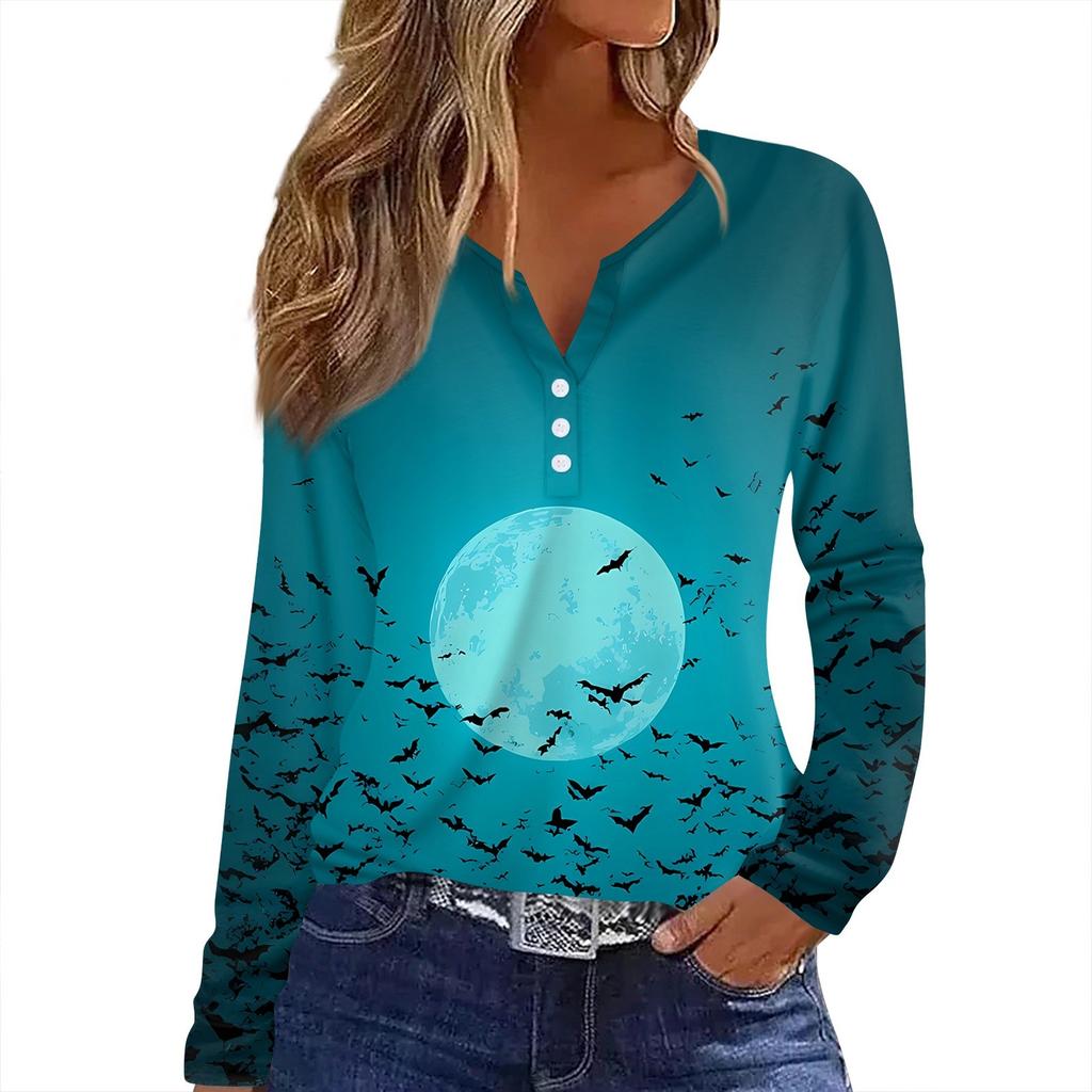 Dámské tričko s potiskem Halloweenu, knoflíky, dlouhý rukáv, denní, víkendová móda, základní, výstřih do V, běžný top