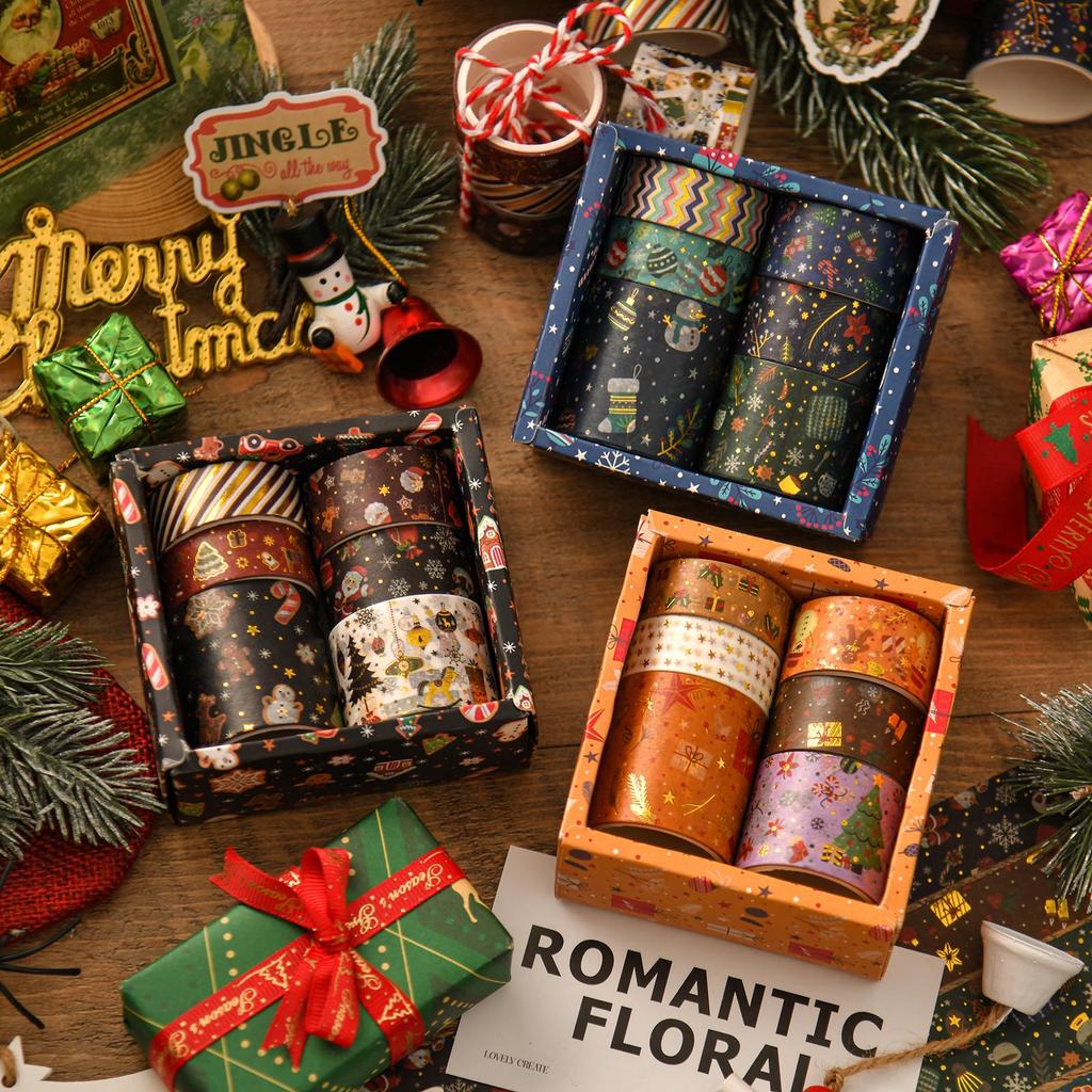 6 ruller Merry Xmas Washi Tapes Sett Gullfolie Selvklebende Maskeringstape Juledekorasjonsklistremerker for Album Gaveinnpakning