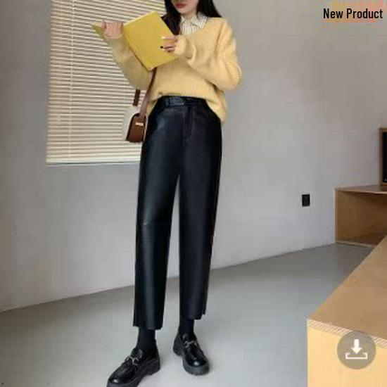

Women s Black PU Leather High-Waist Slimming Pants - 2025 Autumn/Winter Draped Nine-Point Straight Leg Large чёрный