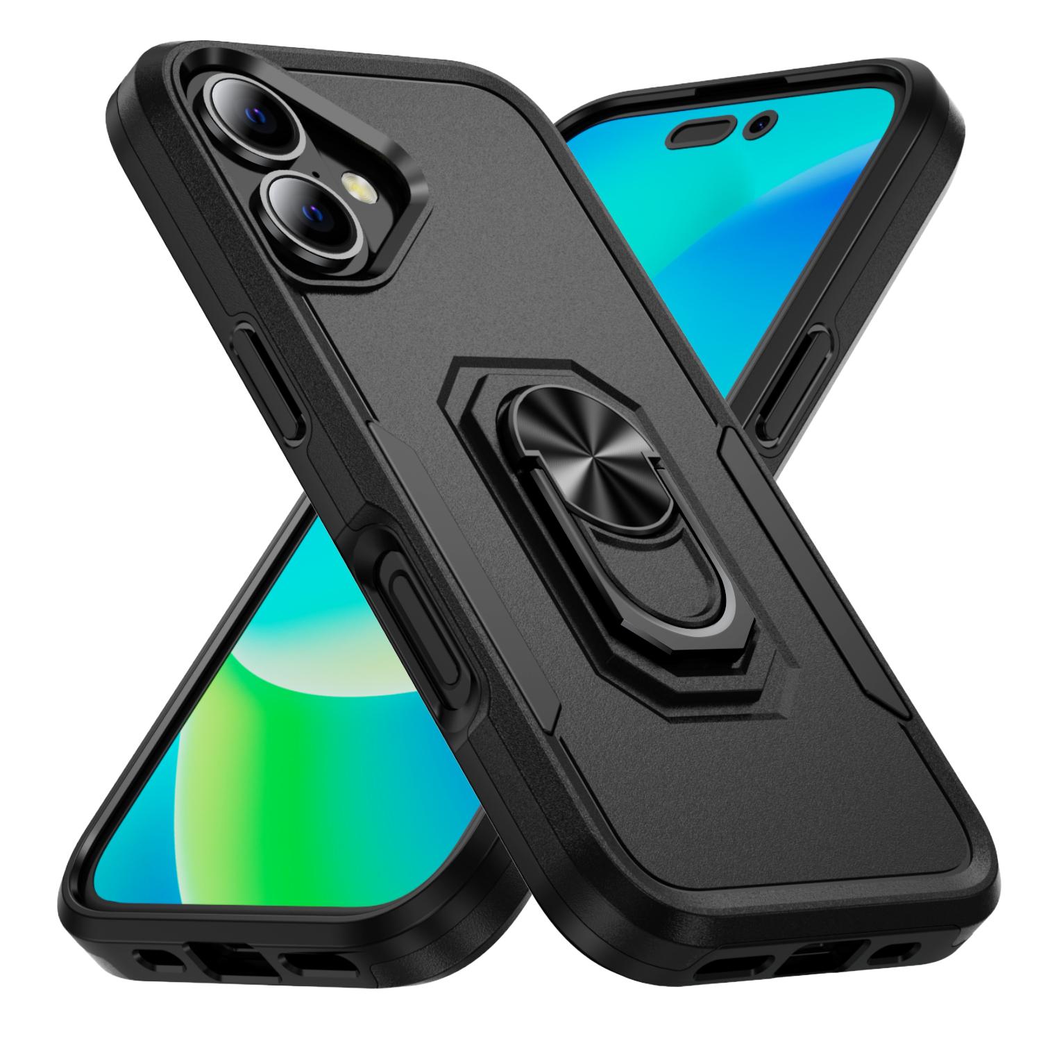 

For iPhone 16 Plus Case Military Grade Ring Kickstand PC+TPU Phone Cover Black