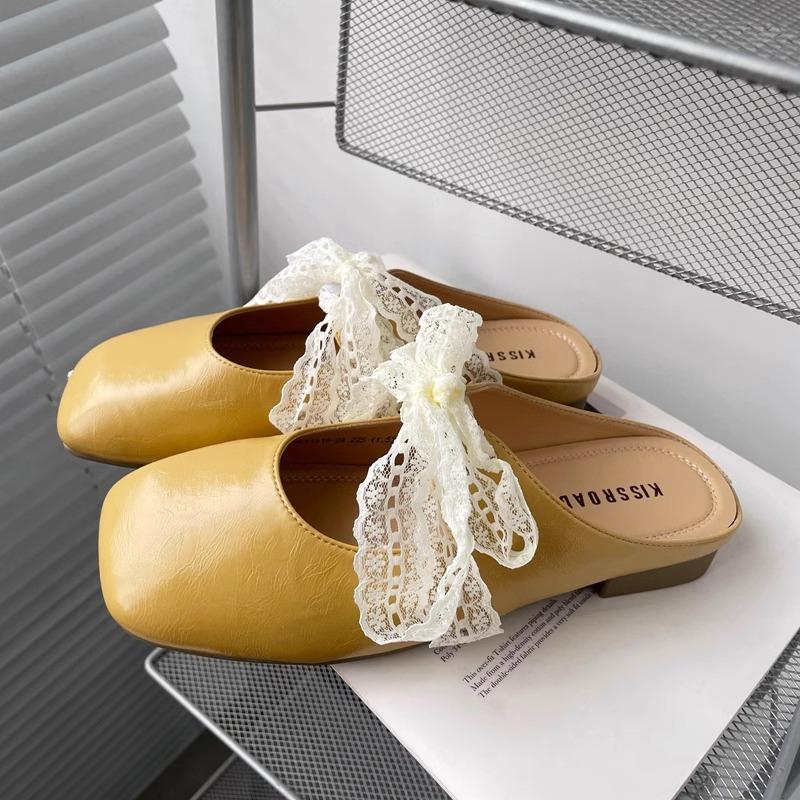 French small fragrant wind bag head half slippers women's shoes wear 2025 spring and summer evening lace Mary Jane half tray single shoes