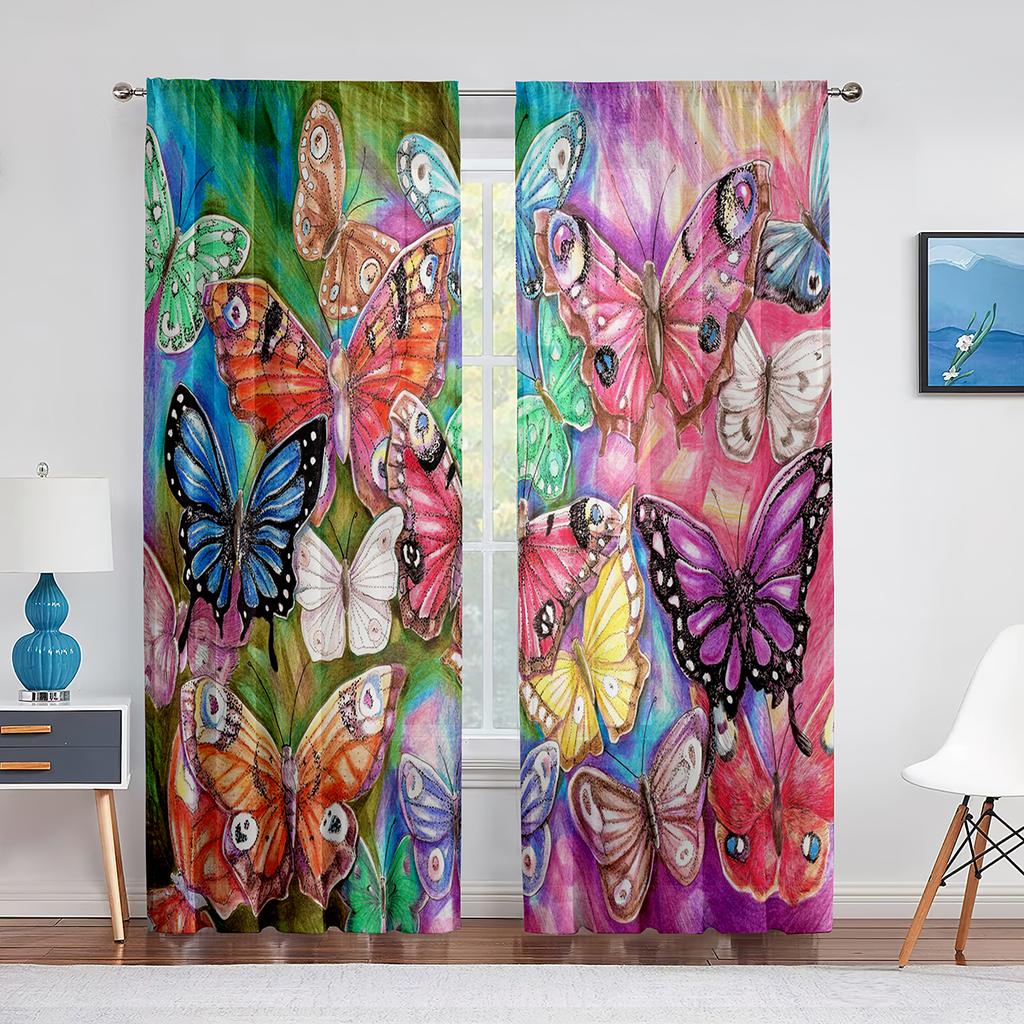 Spring Blue Floral Butterfly Sheer Curtain for Living Room Bedroom Home Kitchen Chiffon Tulle Curtains Window Treatment Decor