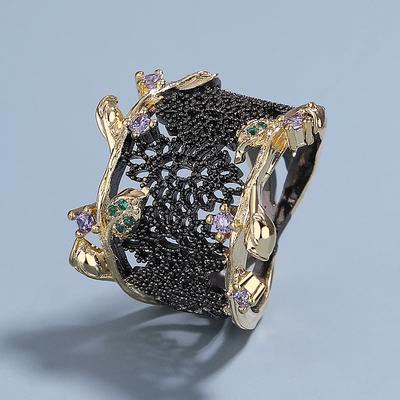 Kreativer Schwarzgold-Ausschnittring, italienischer Modeschmuck, Schwarzgoldschmuck, hochwertiger Damenring, Partyring