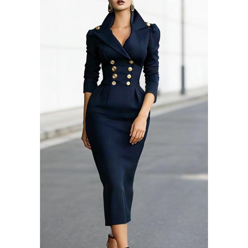 QICED Women's Fashion Autumn Winter Solid Color Print V-Neck Long Sleeve Casual Dresses