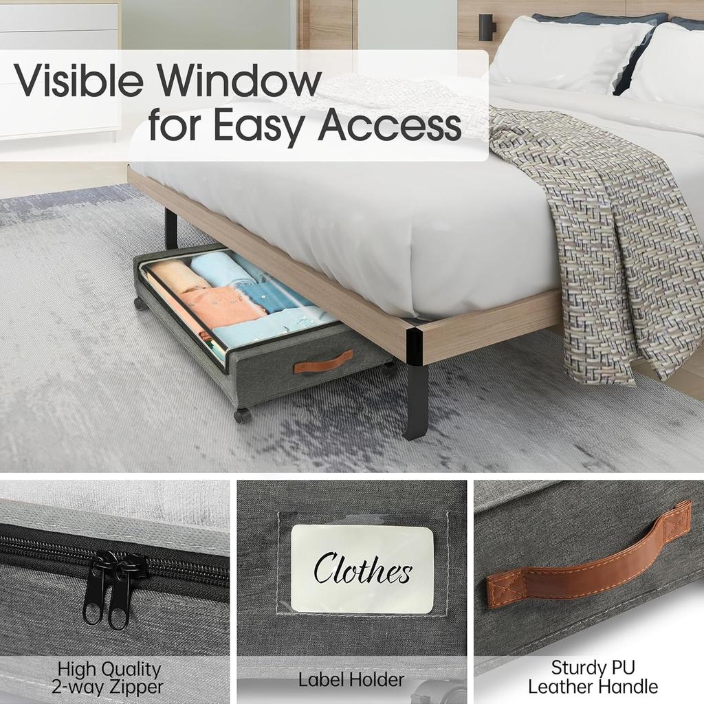 Under Bed Storage with Lockable Wheels Visible Window Under Bed Metal Drawers Large capacity Zipper Closure Home Organization