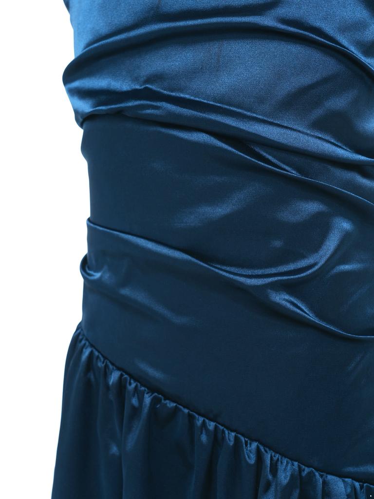 Robe de Soirée Satinée Fleurie pour Fille Sans Manches Corsage Froncé Taille Basse Asymétrique Robe Coupe A Ligne Fente Latérale pour Mariage Baptême