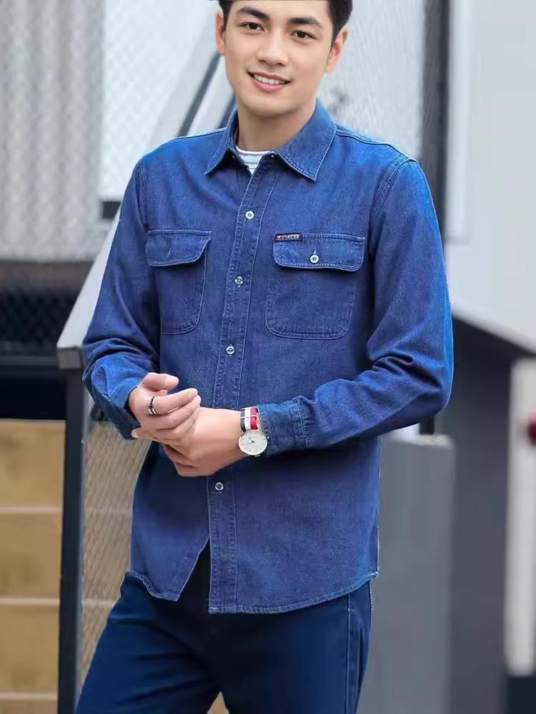 Men's Minimalist Long Sleeve Denim Shirt - Lightweight Cotton Sun Protection, Loose Fit, Plus Size, for Spring, Summer, and Autumn.