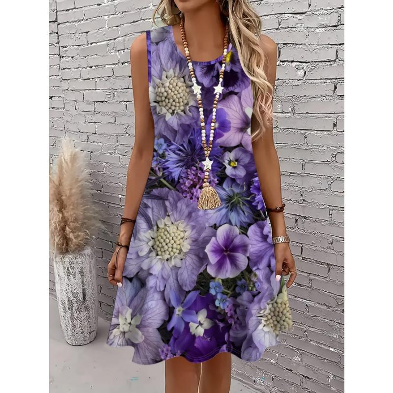Women's Sleeveless A Line Dress Vibrant Floral 3D Print Dresses Woman Summer Woman Clothing Oversized Y2k Ladies Clothes Tops