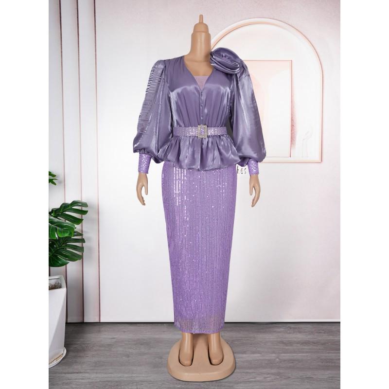 Elegant Plus Size African Womens Evening Dress Long Sleeve Deep V Neck Sequin Trimmed Fit-and-Flare Gown Party
