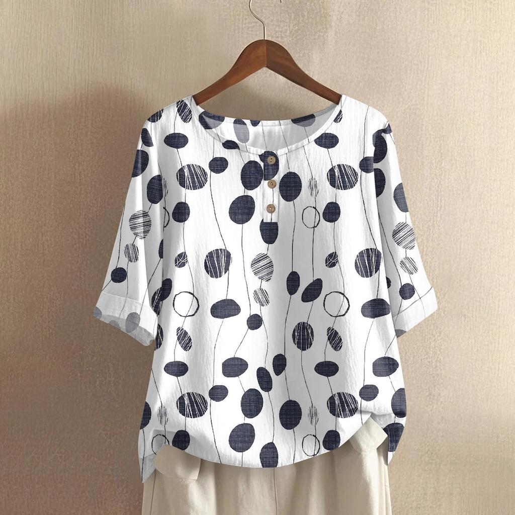 Damen Modisches Und Lässiges Shirt Halbarm Rundhals Print Baumwolle Und Leinen Bluse Top