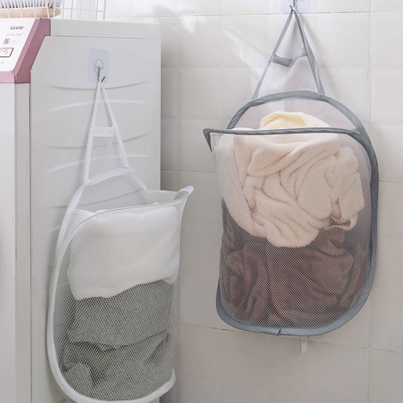 Foldable Mesh Laundry Basket Wall Mounted Adhesive Hanging Storage Bag Bathroom Underwear Clothes Organizer Dirty Clothes Holder