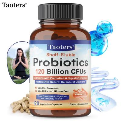 Taoters Shelf-Stable Probiotics — 120 Billion CFUs, 34 Strains, Prebiotics & Enzymes, 120 Capsules