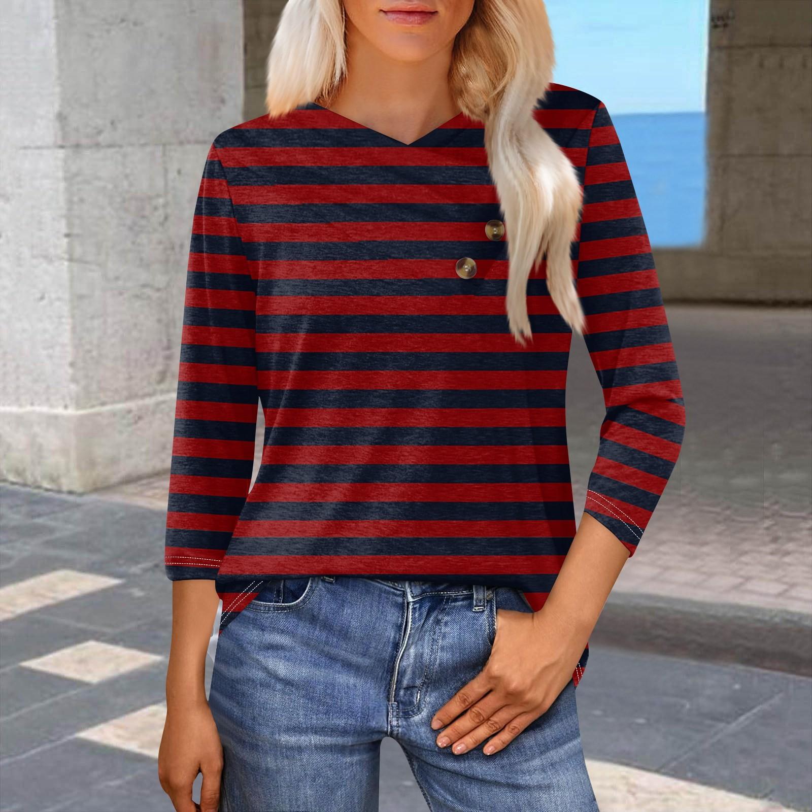 

Женская модная повседневная футболка с полосатым принтом, рукавами-семью, V-образным вырезом и застежкой на пуговицы XXL винный