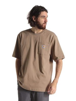 Einfarbiges Logo Tasche Rundhals Kurzarm [Carhartt] T-Shirt [K87] (M, Beige)